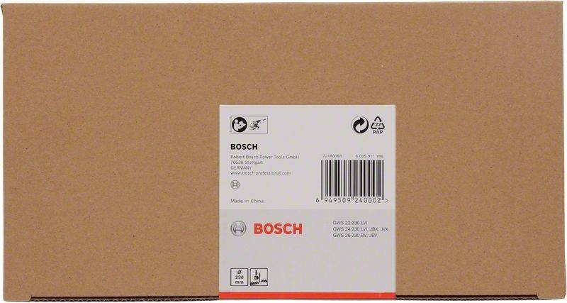 Eine braune Kartonschachtel mit einem weißen Etikett zeigt das 'Bosch' Logo, Produktinformationen und einen Barcode. Die Schachtel ist mit 'Made in China' gekennzeichnet.