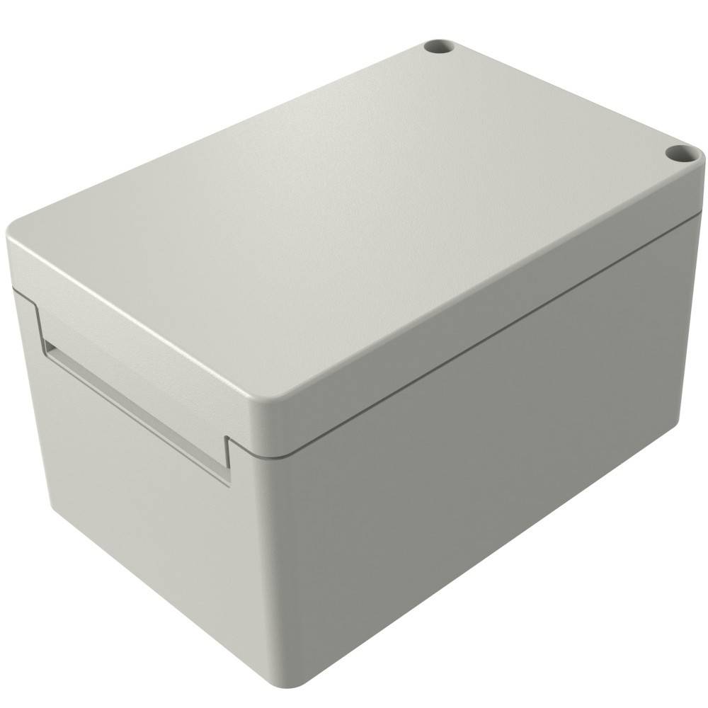 Eine graue rechteckige elektronische Gehäusebox mit einem Deckel und abgerundeten Ecken, von einem erhöhten Winkel aus betrachtet.