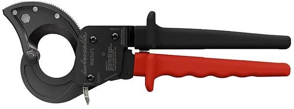 Ein Werkzeug mit schwarzen Metallbacken und einem roten Griff, höchstwahrscheinlich eine Crimpzange.