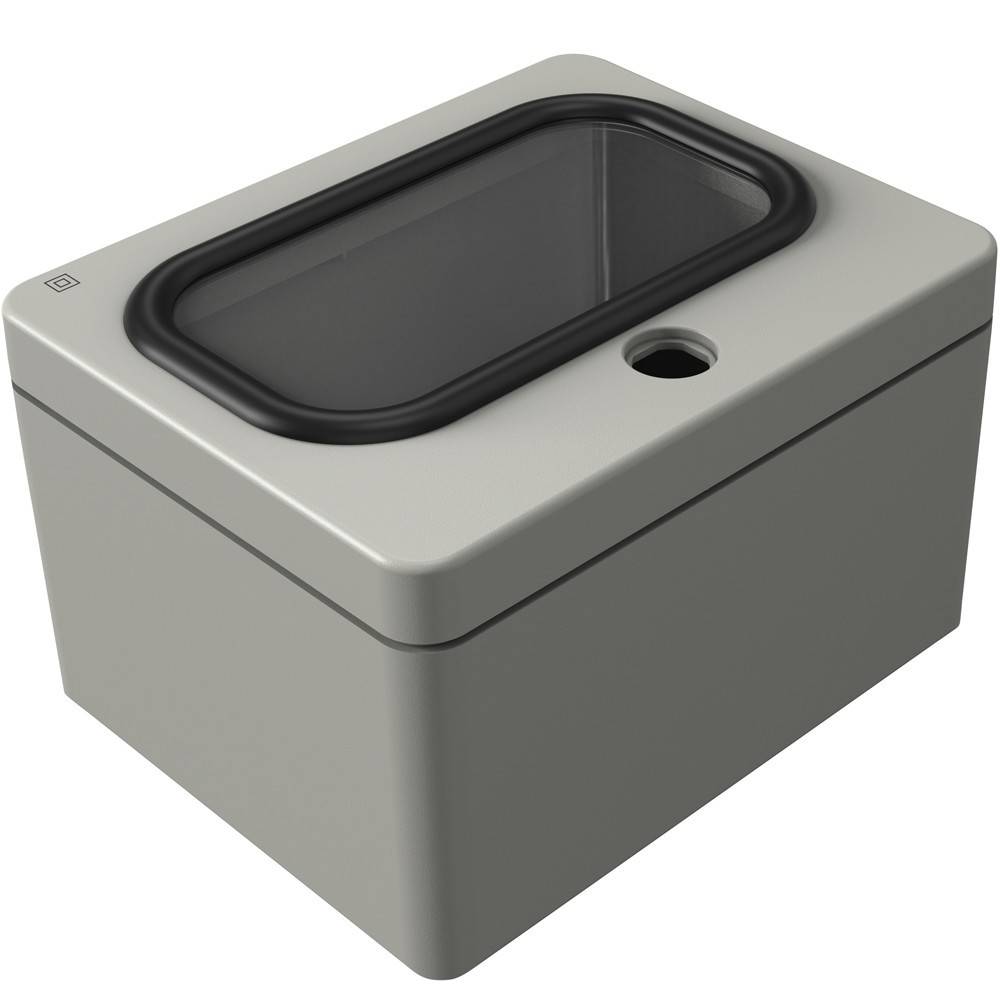 Ein rechteckiger, hellgrauer Behälter mit einem transparenten Deckel und einer kreisförmigen Öffnung oben.