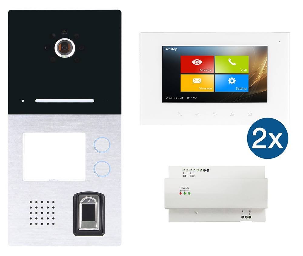 Gegensprechanlage mit Kamera und Fingerabdrucksensor, digitales Display mit Steuerungsmöglichkeiten und Verkabelungsgerät.