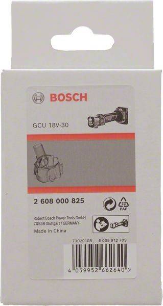 Paket für Bosch Elektrowerkzeug Modell GCU 18V-30, mit Abbildung des Werkzeugs, Teilenummer 2 608 000 825, und 'Made in China'.