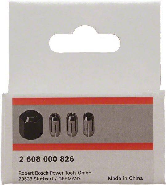 Verpackung von 'Robert Bosch Power Tools GmbH' für Artikel 2 608 000 826, die drei Werkzeugteile auf einem grau-roten Etikett zeigt.