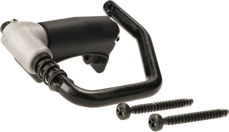 Eine schwarze Fahrradlenkerhalterung mit einer Klemme und zwei Schrauben, die zur Befestigung von Zubehör am Lenker verwendet wird.