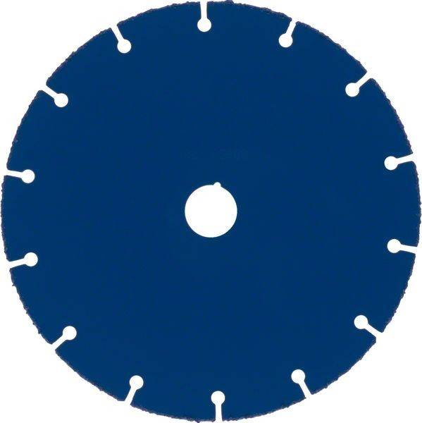 Eine Kreissägeblatt mit einer blauen Oberfläche und segmentierten Kanten, mit mehreren gleichmäßig um den Umfang verteilten Lücken.