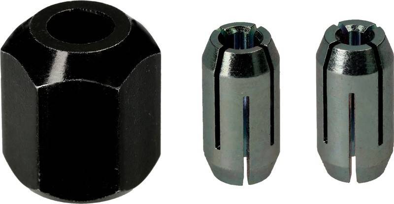 Eine Spannzange und eine Spannzangenmutter, die zum Befestigen von Schneidwerkzeugen in einem Rotationswerkzeug oder einer Fräsmaschine verwendet wird. Die Spannzange ist zylindrisch mit Schlitzen.