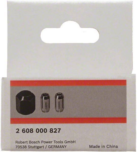 Verpackung von 'Arbor 2 608 000 827' mit Bosch Power Tools Markenlogo, die einen schwarzen sechseckigen Werkzeugaufsatz und zwei zylindrische Komponenten zeigt.