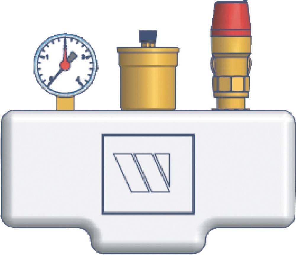 Darstellung eines Druckmessers, eines zylindrischen Behälters und eines Ventils auf einer Plattform mit einem Logo, das drei diagonal verlaufende Linien zeigt.