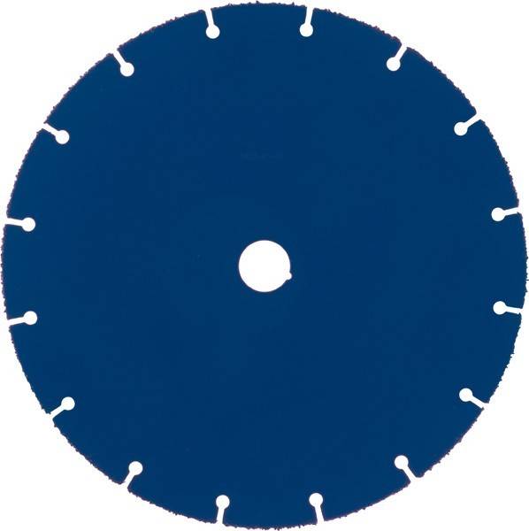 Eine Kreissägeblatt mit einer durchgehend blauen Farbe und gleichmäßig verteilten weißen Schlitzen am Rand, mit einem zentralen Loch zur Befestigung.