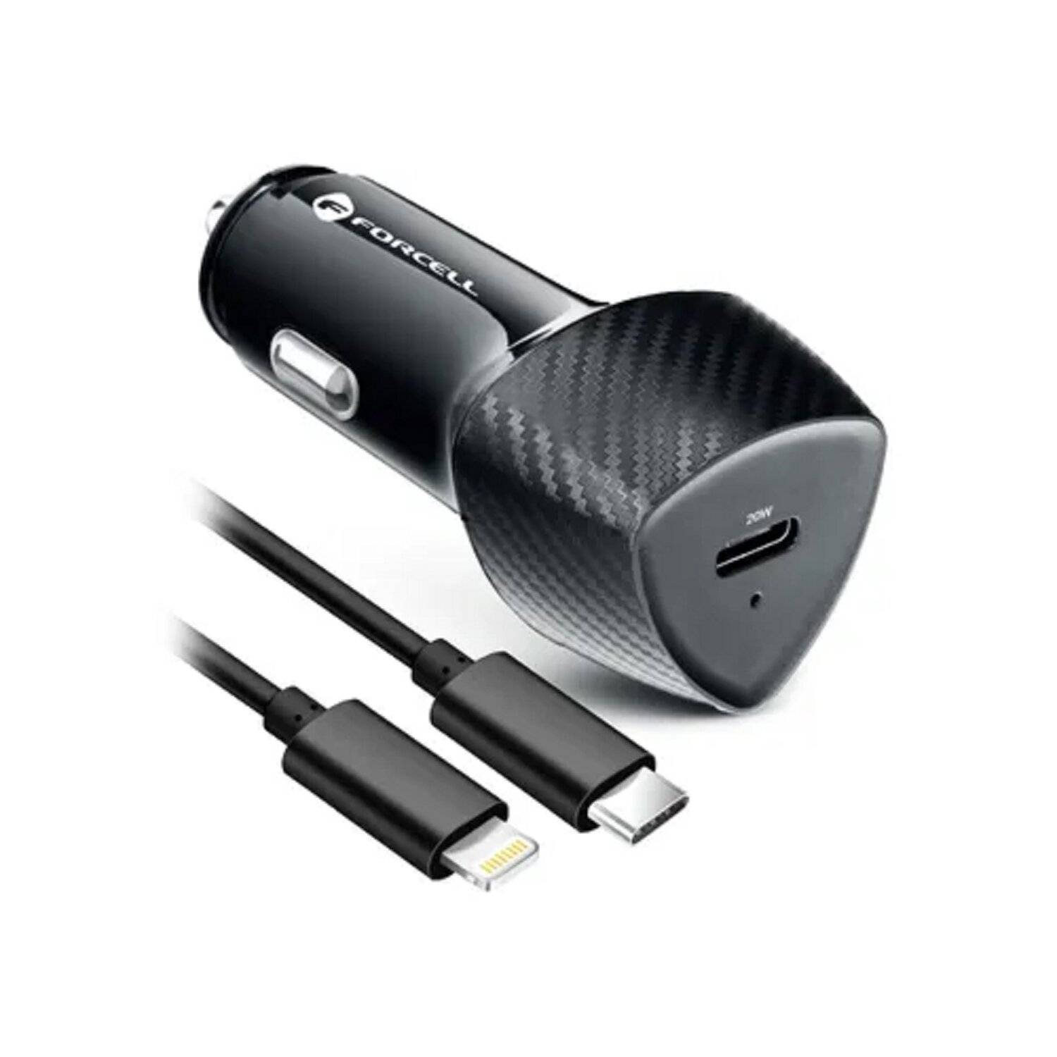 FORCELL CARBON Autoladegerät Typ C 3.0 PD20W CC50-1C (insgesamt 20 W) + Kabel für iPhone Anschluss PD20W