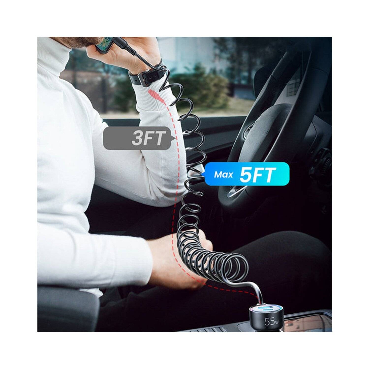 Joyroom Auto-Schnellladegerät 3 in 1 mit USB-Typ-C-Kabel 1,5 m 55 W schwarz (JR-CL07)
