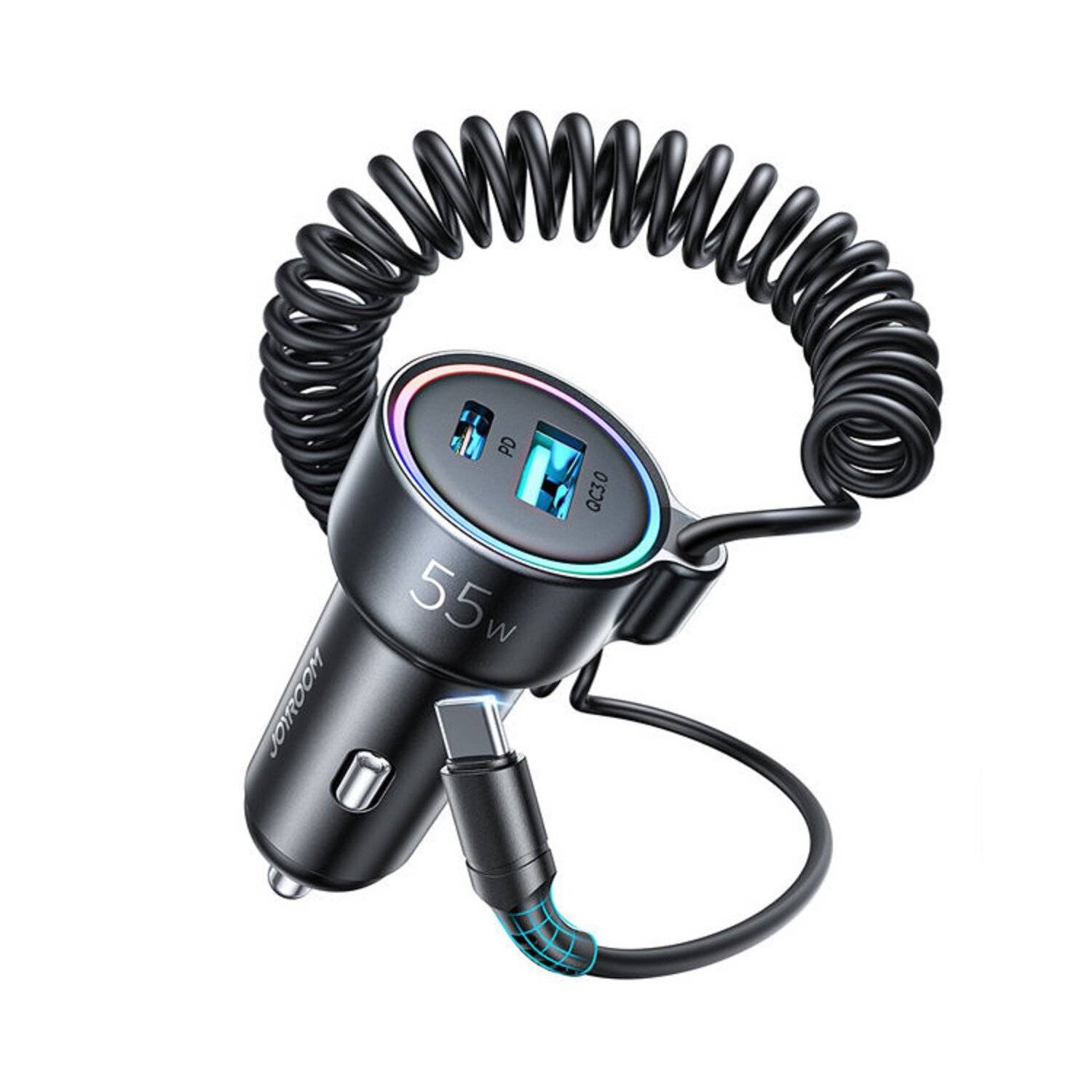 Joyroom Auto-Schnellladegerät 3 in 1 mit USB-Typ-C-Kabel 1,5 m 55 W schwarz (JR-CL07)