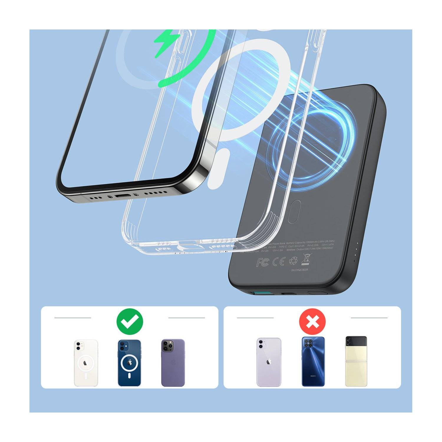 Joyroom Power Bank 10000mAh 20W Schnellladung Magnetisches 15W Kabelloses Ladegerät Kompatibel mit MagSafe Schwarz