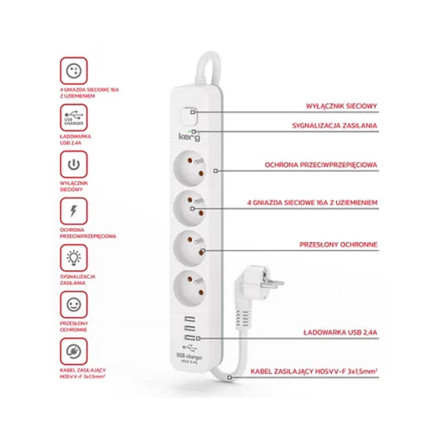 4-fach Steckdosenleiste + 3xUSB A ; 5 Meter 3×1,5mm H05VV-F 16A/250V - M02415