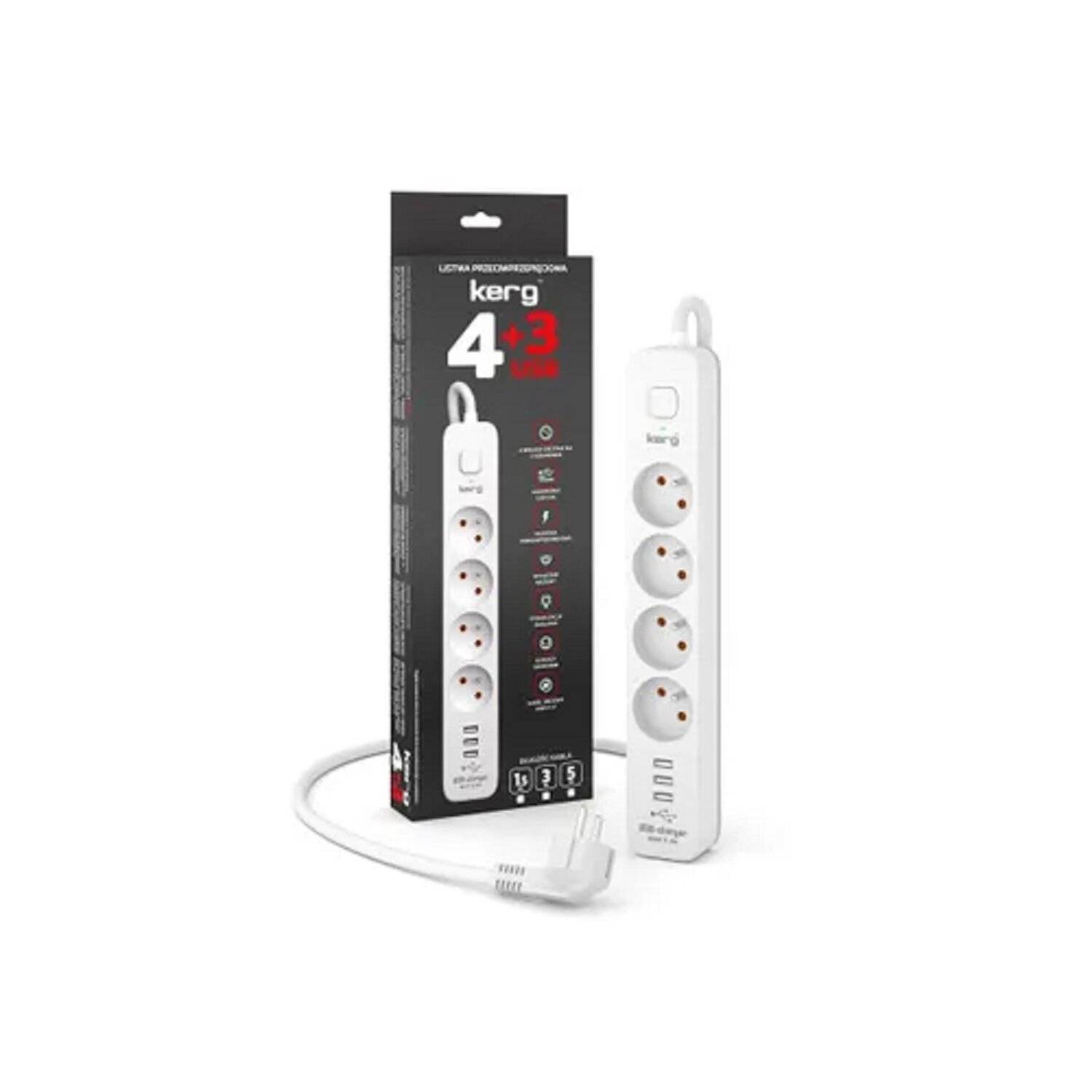 4-fach Steckdosenleiste + 3xUSB A ; 5 Meter 3×1,5mm H05VV-F 16A/250V - M02415