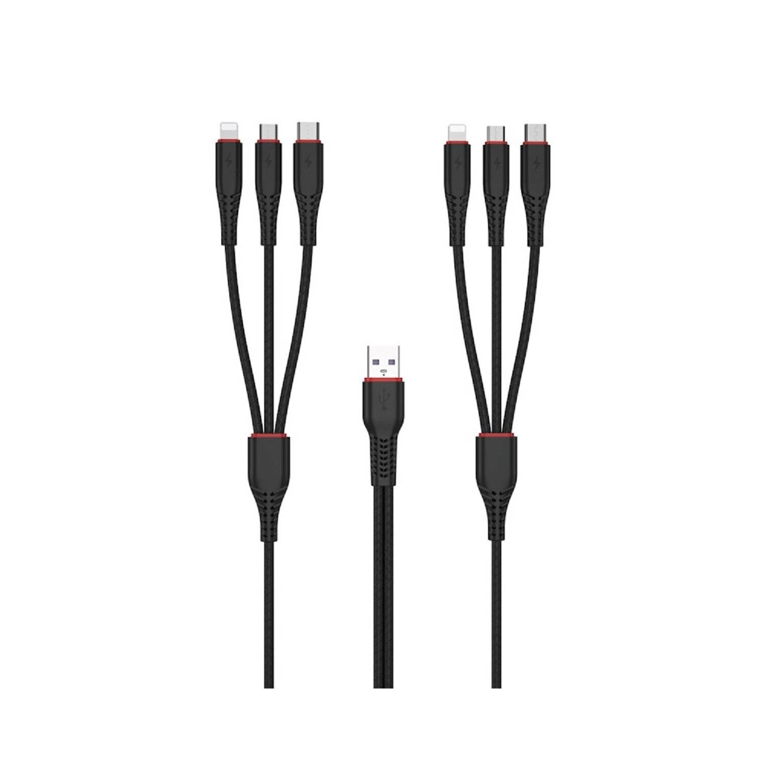 XO Kabel NB196 6in1 USB - 2x Lightning + USB-C + microUSB 1,2m 3,5A / 2m 2,5A schwarz