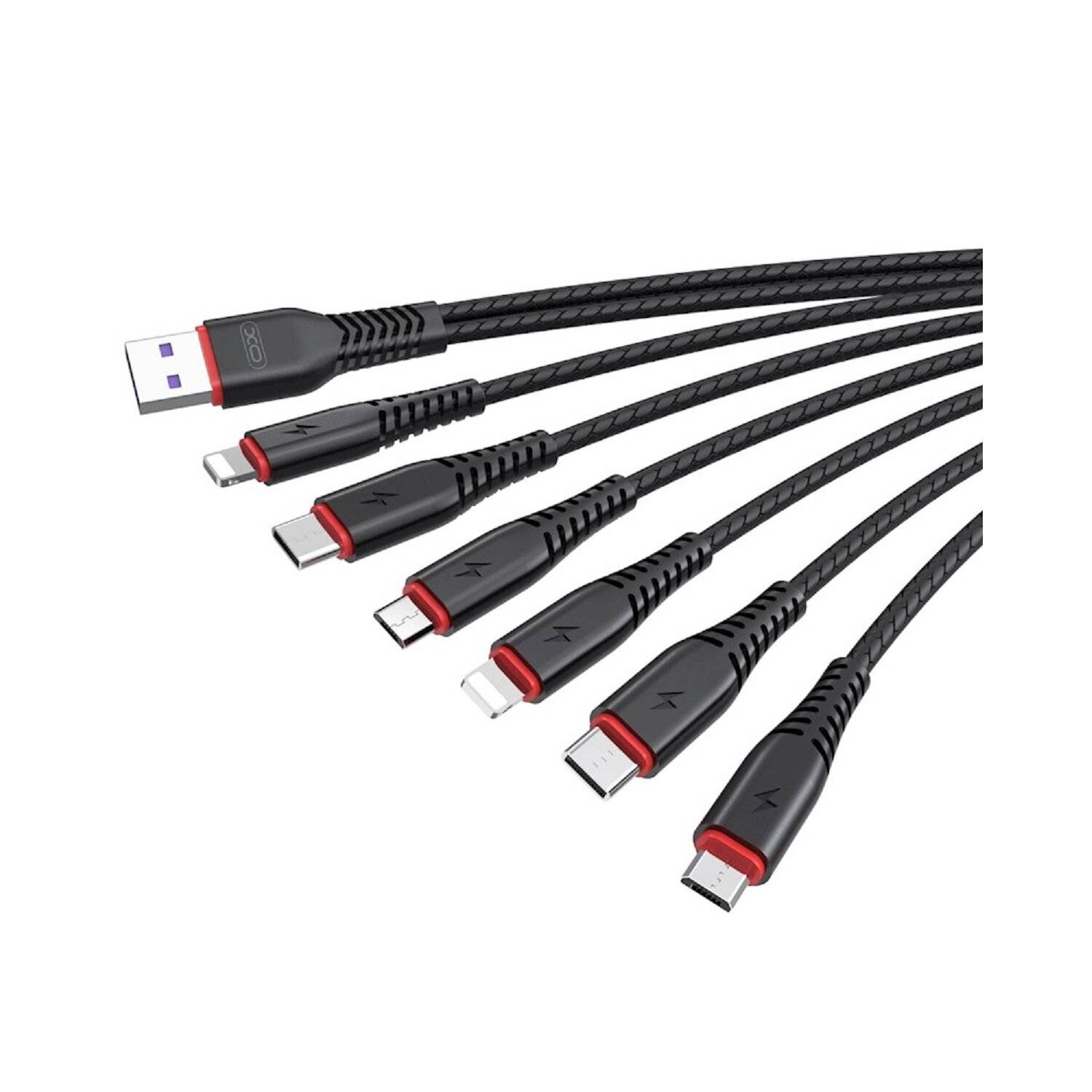 XO Kabel NB196 6in1 USB - 2x Lightning + USB-C + microUSB 1,2m 3,5A / 2m 2,5A schwarz