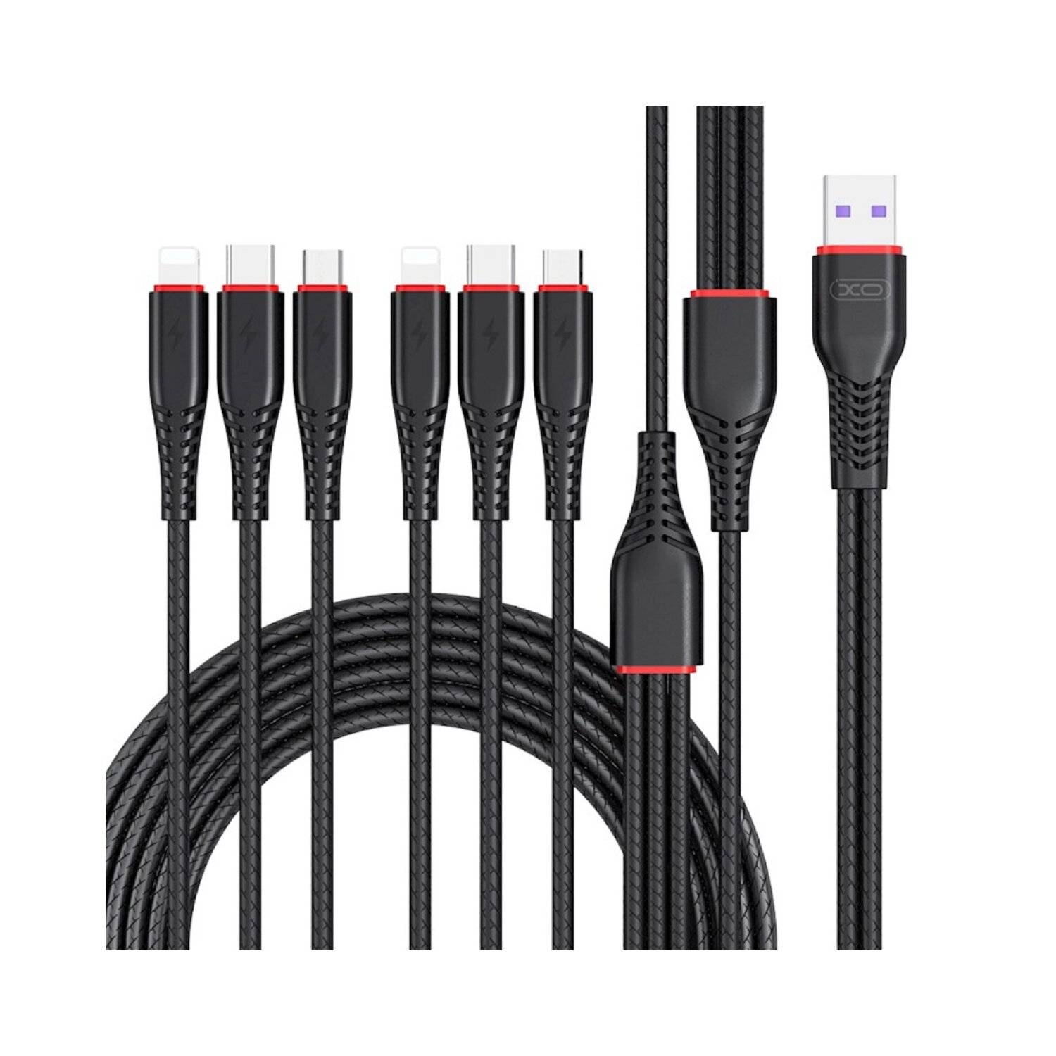 XO Kabel NB196 6in1 USB - 2x Lightning + USB-C + microUSB 1,2m 3,5A / 2m 2,5A schwarz