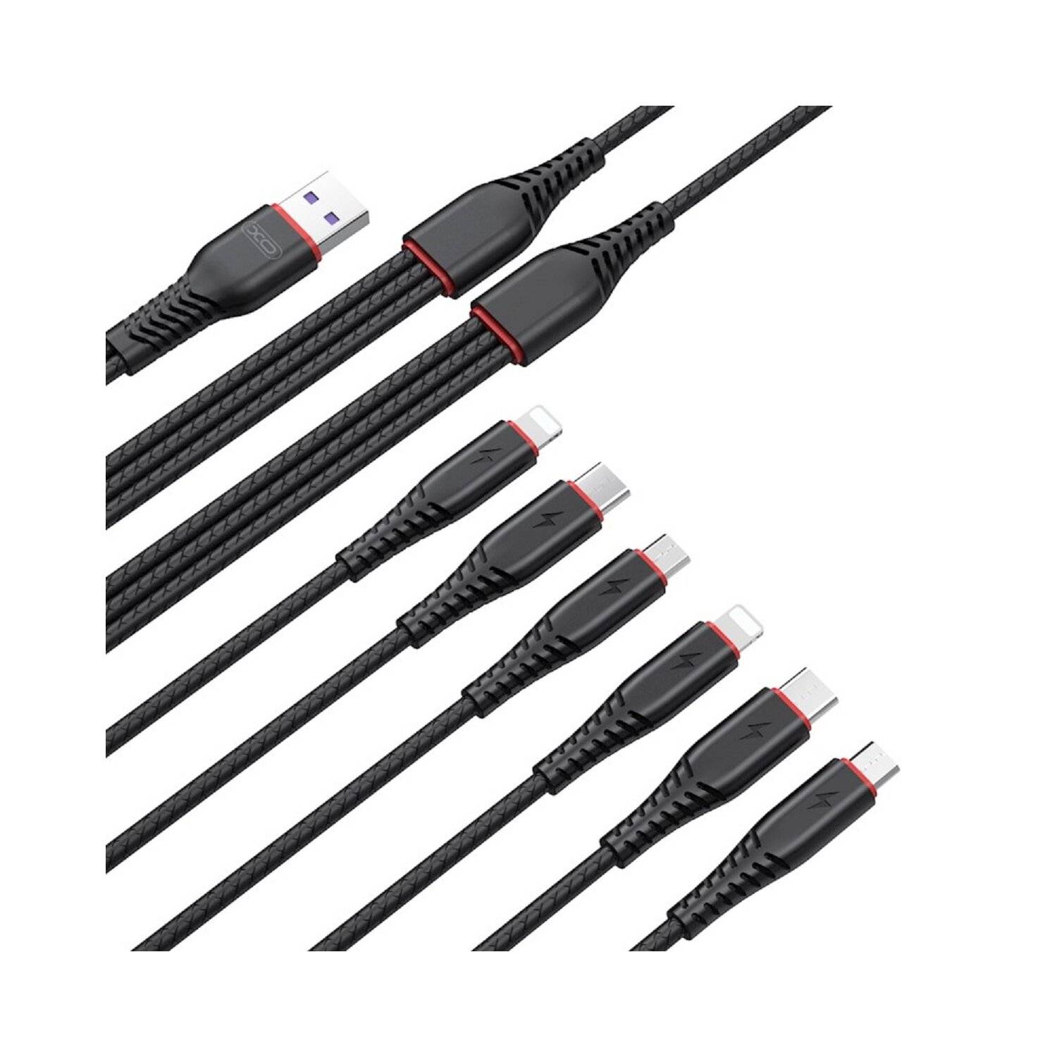 XO Kabel NB196 6in1 USB - 2x Lightning + USB-C + microUSB 1,2m 3,5A / 2m 2,5A schwarz