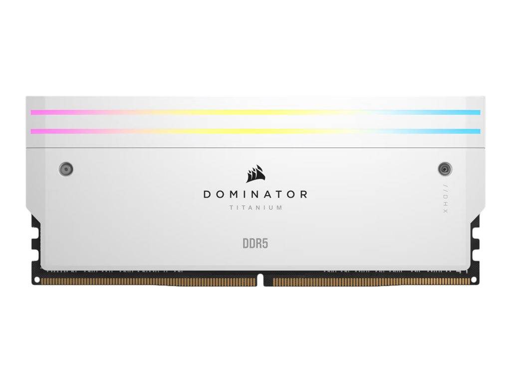 Dominator Titanium DDR5 Desktop-RAM-Modul mit silbernem Wärmeverteiler und RGB-Leuchtleiste.