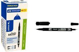 PILOT Permanent-Marker Twin Marker, VALUE PACK, schwarz 16+4 GRATIS, 2 Spitzen: Strichstärken: 0,4 + 0,8 mm, feine +