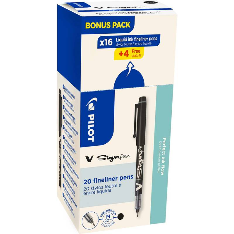 Pilot V Sign Pen Bonus Pack mit 20 Flüssigfarb-Fineliner Stiften, inkl. 16 plus 4 kostenlos, in blauer und cremefarbener Verpackung.