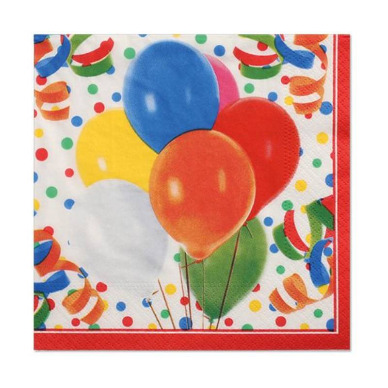Bunte Serviette zum Geburtstag mit fünf Luftballons und Konfettipunkten auf weißem Hintergrund, mit rotem Rand.