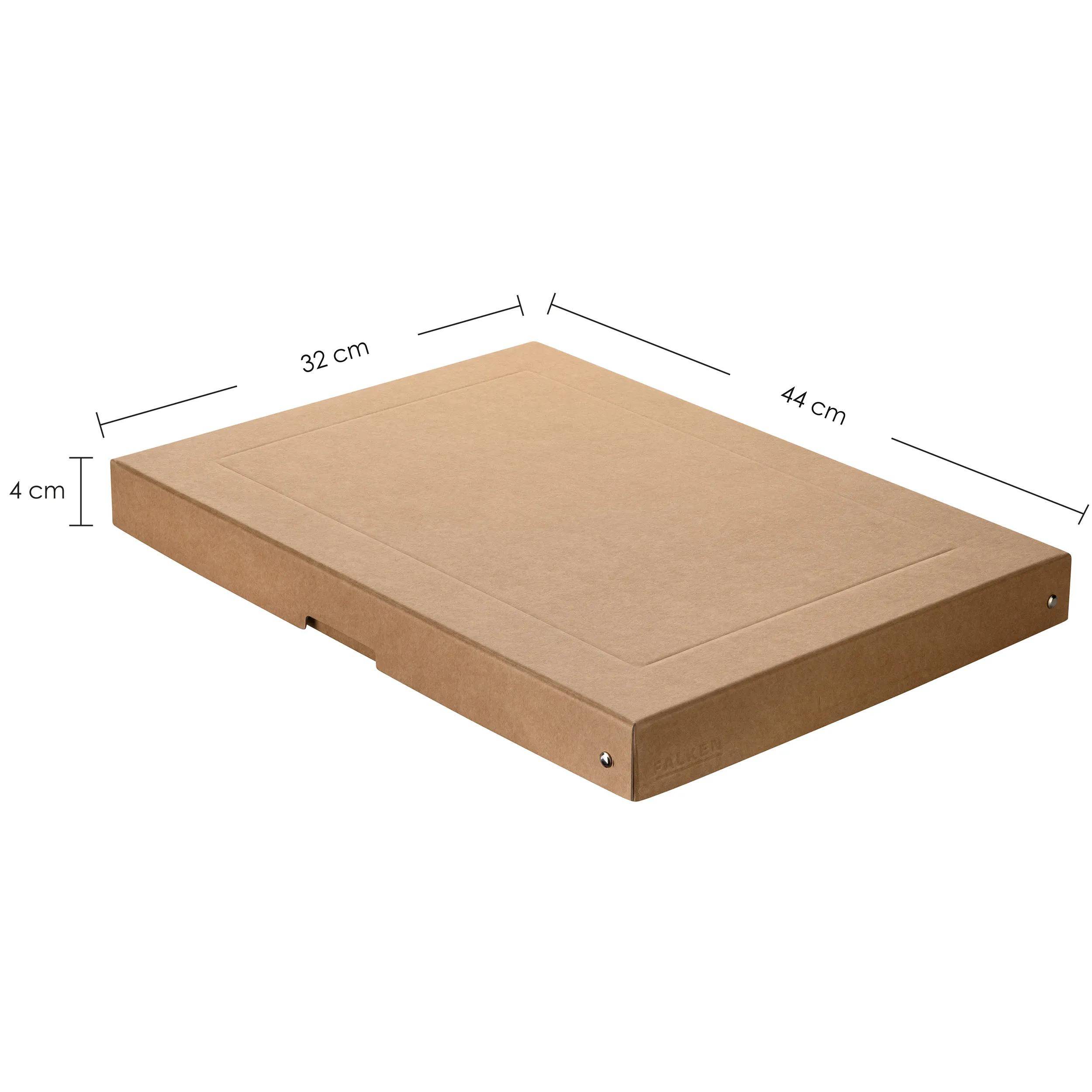 Eine braune rechteckige Kiste mit beschrifteten Abmessungen: 44 cm Länge, 32 cm Breite und 4 cm Höhe.