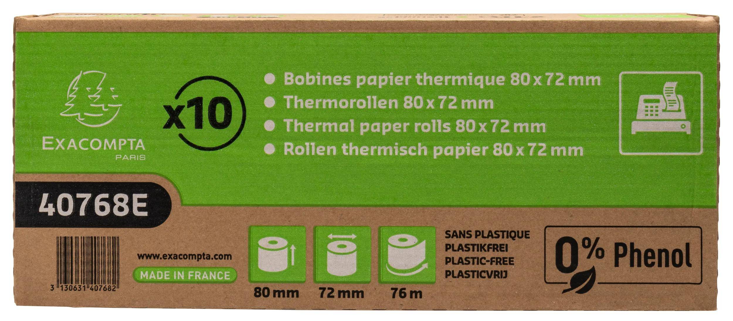 Karton mit Thermopapirrollen, 80 x 72 mm, plastikfrei. Enthält Abbildungen von Rollendimensionen: 80 mm, 72 mm, 76 mm.