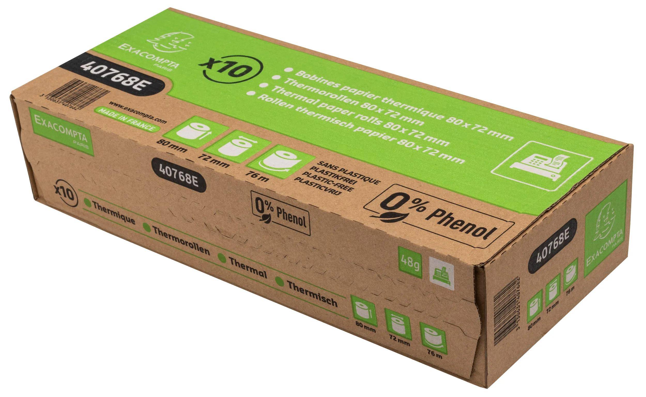 Packung mit 10 Thermopapierrollen, 80x72mm, plastikfrei, 0% Phenol.