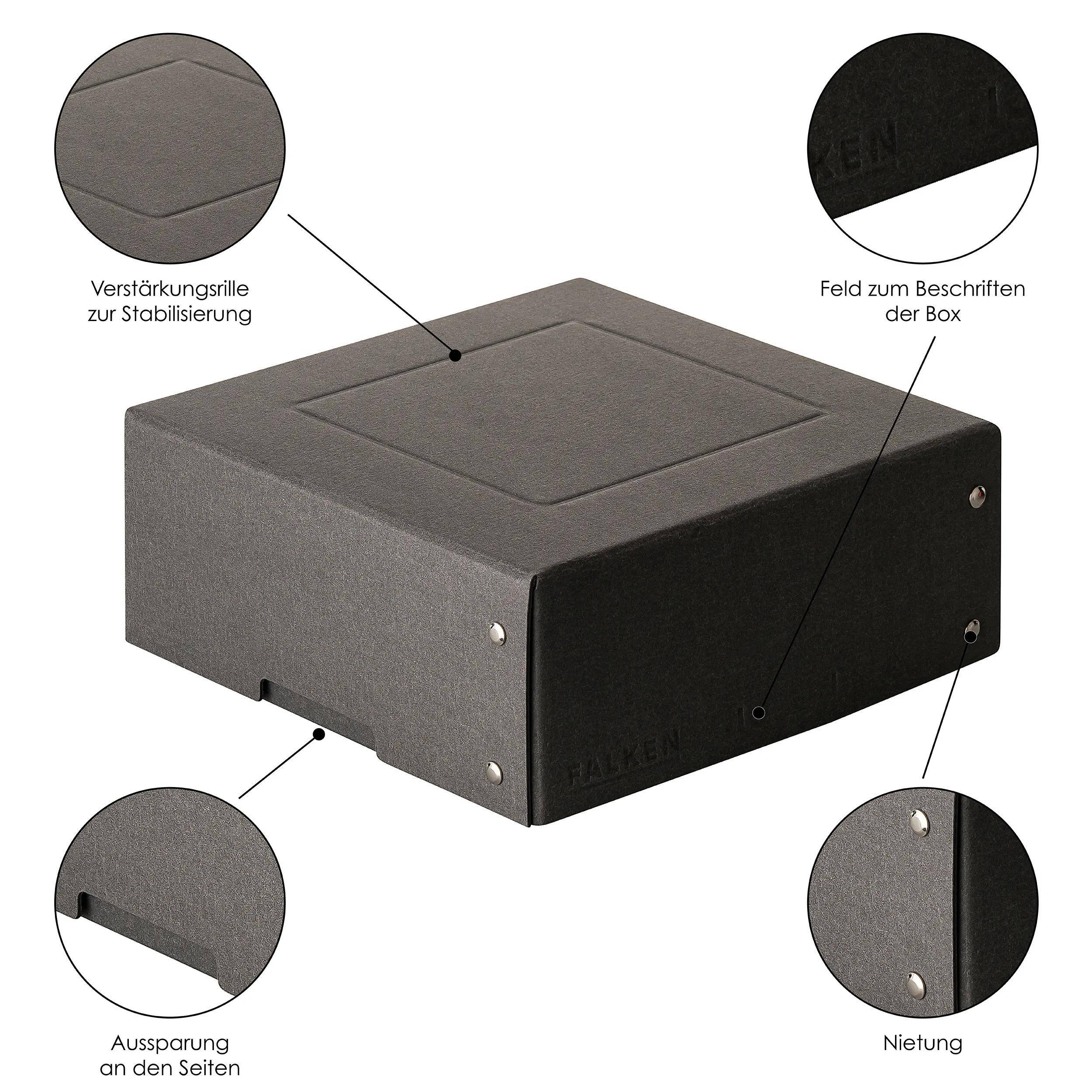 Schwarze quadratische Lagerkiste mit Verstärkungsrillen, Beschriftungsfeld, ausgestanzte Seiten zum Greifen und Nietnietungen an den Ecken.