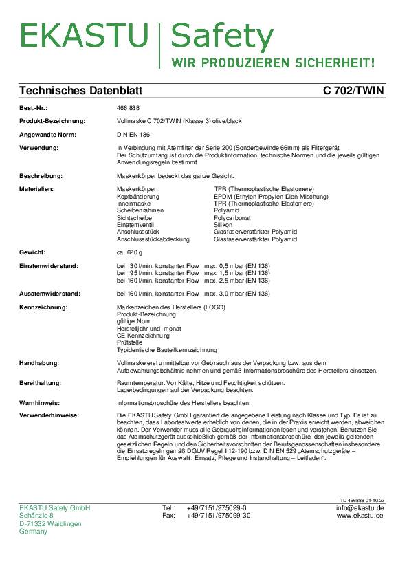 Atemschutzvollmaske C 702/TWIN (Klasse 3) DIN EN 136 Kl.3,DIN EN 136,o.Filter