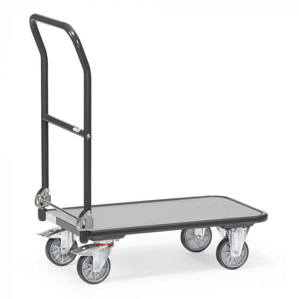 Handwagen mit schwarzem Griff, vier Lenkrollen und grauer Ladefläche auf weißem Hintergrund.