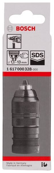 Aufbewahrungsbox mit einem Metallbohrfutter, kompatibel mit Bohrern von 1,5-13 mm, Artikelnummer '1 617000328-000'.