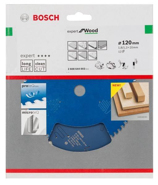 Bosch 120-mm-Holzsägeblatt-Verpackung, Expertenreihe, inklusive Sägeblatt mit 12 Zähnen für saubere Schnitte. Mit Designillustrationen und Produktsymbolen.