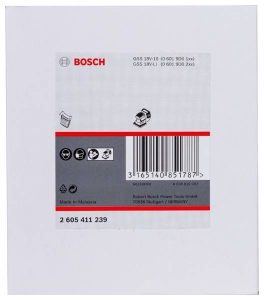 Produktetikett für Bosch, hergestellt in Malaysia. Zeigt Produktdetails, Barcode und Unternehmensinformationen: Robert Bosch Power Tools GmbH, Stuttgart, Deutschland.