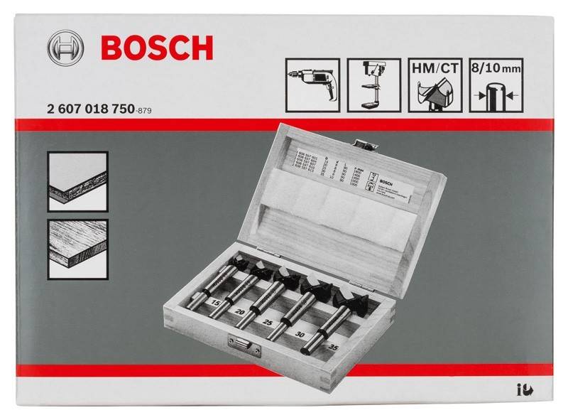Bosch Bohrerset in einer Box mit vier Bohrern, beschriftet mit 15, 20, 25, 30. Illustrationen von Bohrmaschine, Bohrertypen und -größen auf der Verpackung.