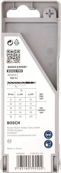 Bosch Expert Bohrbitverpackung mit Größendetails: Ø mm - 2, L1 mm - 61, L2 mm - 33; Ø mm - 8, L1 mm - 83, L2 mm - 87.