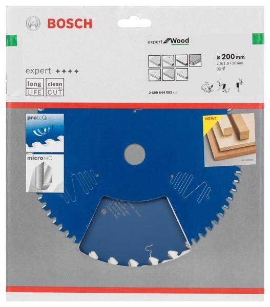 Kreissägeblatt-Verpackung mit blauer Säge. Hervorgehobene Texte: ‚Experte für Holz', ‚Lange Lebensdauer', ‚Sauberer Schnitt', 200 mm Durchmesser.