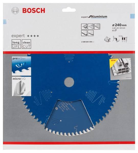 Eine Kreissägeblatt-Verpackung zeigt Bosch-Branding und betont die Eigenschaften 