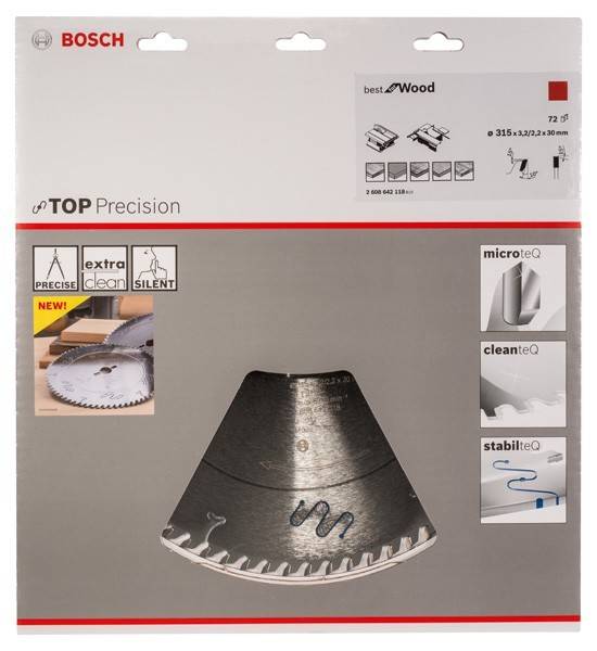 Eine Bosch Kreissägeblatt-Verpackung zeigt Spezifikationen zum Holzschneiden: 315 mm Durchmesser, 32, 20 mm Bohrung, mit Feinternen für präzise Schnitte.