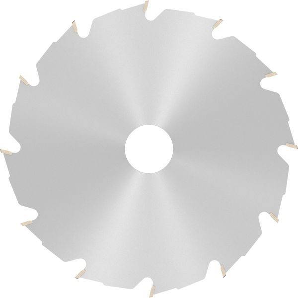Silberne Kreissägeblatt mit scharfen Zähnen, verwendet zum Schneiden von Materialien wie Holz oder Metall.
