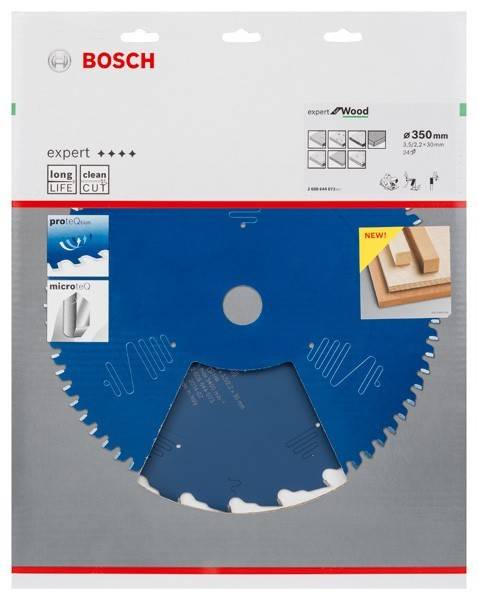 Verpackung des 'Bosch Expert for Wood' Kreissägeblatts mit Darstellung der Säge, mit Icons für 'lange Lebensdauer' und 'sauberen Schnitt'. Speziell für Holz entwickelt.
