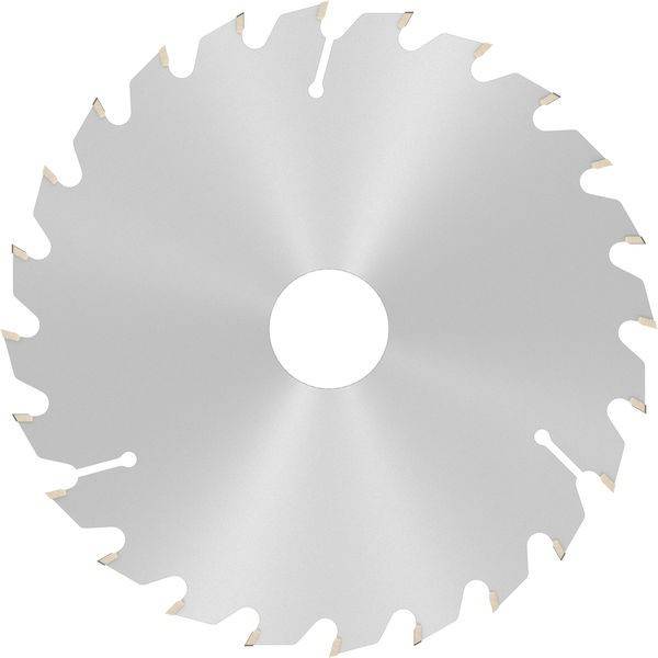 Eine Kreissägeblatt mit scharfen Zähnen, verwendet zum Schneiden von Holz oder Metall, vor einem einfarbigen weißen Hintergrund.