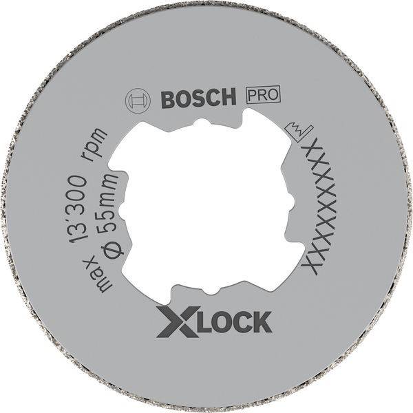 Ein kreisförmiger Bosch Pro Trennschleifdisc für ein X-Lock System. Er hat eine maximale Drehzahl von 13.300 U/min und einen Durchmesser von 55 mm, vor einem weißen Hintergrund dargestellt.