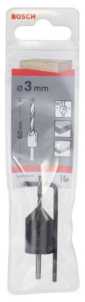 Ein Paket, das einen 60-mm-Bohrer mit Illustrationen zur Verwendung für Holz-, Metall- und Betonoberflächen zeigt, wobei die Produktnummer sichtbar ist.