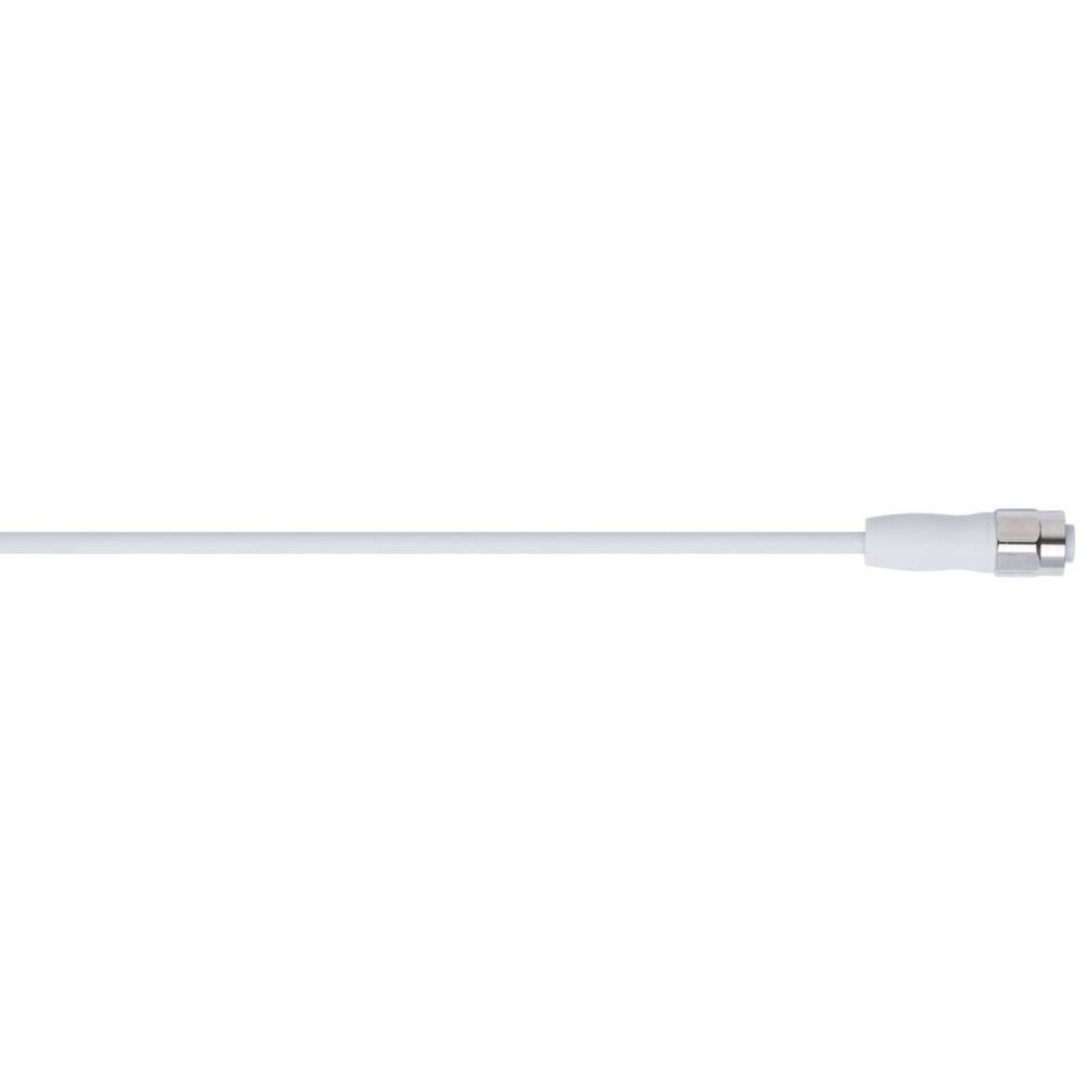 Ein weißes Koaxialkabel mit metallischem Stecker am Ende, gezeigt vor einfachem Hintergrund.