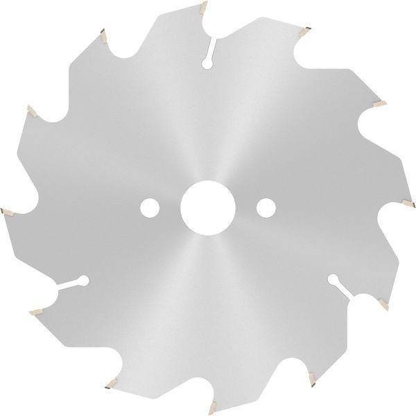 Eine Kreissägeblatt mit gezackten Kanten und einem zentralen Loch, konzipiert zum Schneiden durch verschiedene Materialien. Das Blatt erscheint metallisch.