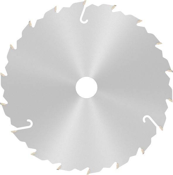 Eine Kreissägeblatt mit scharfen Zähnen entlang der Kanten, das eine zentrale Bohrung zur Befestigung an einem Elektrowerkzeug aufweist.