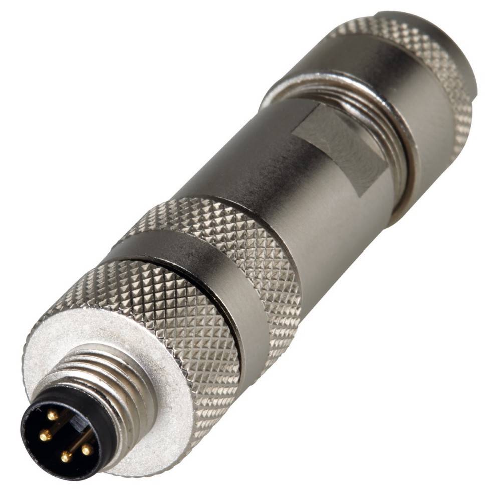 Eine Nahaufnahme eines metallischen zylindrischen elektrischen Steckers mit einem gerillten Griff und vier Stiften am Ende, der für sichere elektrische Verbindungen verwendet wird.